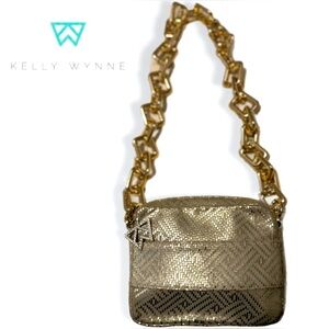 Kelly Wynne metallic gold leather purse, thick gold chain link shoulder strap